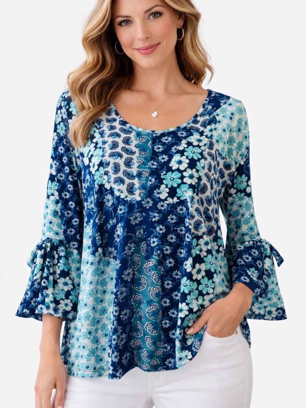 Blue Floral Patchwork Bell Sleeve Top Women’s Southern Lady Like New Size XL